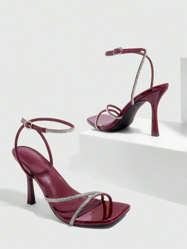 CUCCOO SZL Sandalias de tacón alto con tira de cristales de color vino tinto, estilo sexy de punta cuadrada. Sandalias de moda para ir a la oficina, citas, fiestas, bodas y el Día de San Valentín