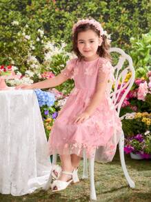 Young Girl Jacquard Floral Mesh Bodice Dress - Pink - View 5