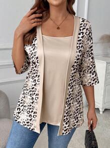 EMERY ROSE Women's Short Sleeve Knitted Leopard Print Casual T-Shirt, Spring/Summer - Khaki - View 6