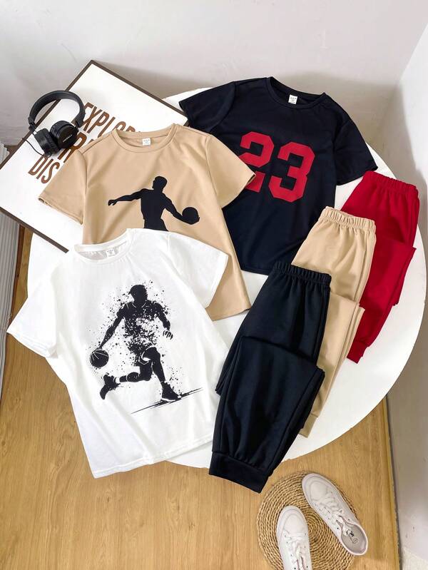 6pcs Tween Boys' Casual Sporty Graphic Round Neck Short Sleeve T-Shirts & Long Pants Set, Suitable For Summer Leisure, Sport, Outdoor, School, Vacation