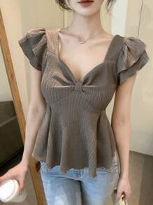 DAZY 女士休闲宽松荷叶边T恤夏季，娃娃装上衣 - 咖啡棕 - 查看 3