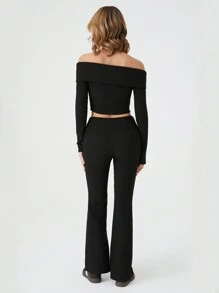 SHEIN EZwear 1pc Women Off-The-Shoulder T-Shirt And Long Pants 2 Pieces Outfit - Black - View 2