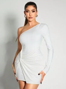 Zolique Women's Twisted Slant Neck Short One Sleeve Mini Valentine's Day White Dress