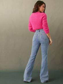 WESTFADE 高腰牛仔乡村花卉印花修身喇叭裤牛仔裤春假音乐节