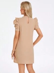 SHEIN LUNE 素色荷葉邊泡泡袖直筒連衣裙