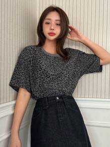 DAZY 夏季新款宽松豹纹休闲女式T恤猎豹印花 - 灰色 - 查看 8