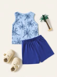 Baby Boy Coconut Tree Print + Navy Blue Shorts Casual 2 Pieces Outfit