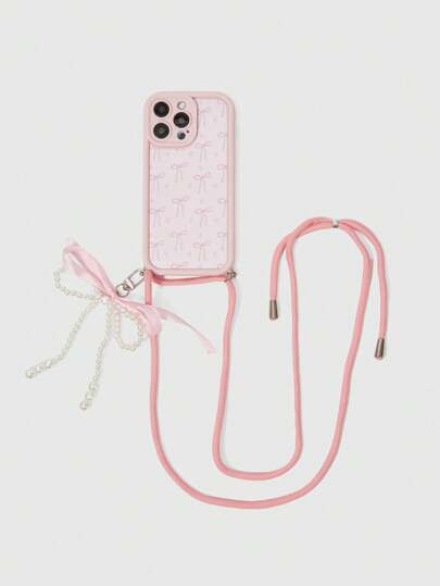Kawaii Cover per telefono alla moda e carina con fiocco rosa e motivo perla sintetica