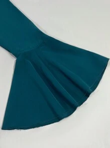 SHEIN Clasi 女士纯色交叉 V 领喇叭袖优雅衬衫 - 綠色 - 查看 5