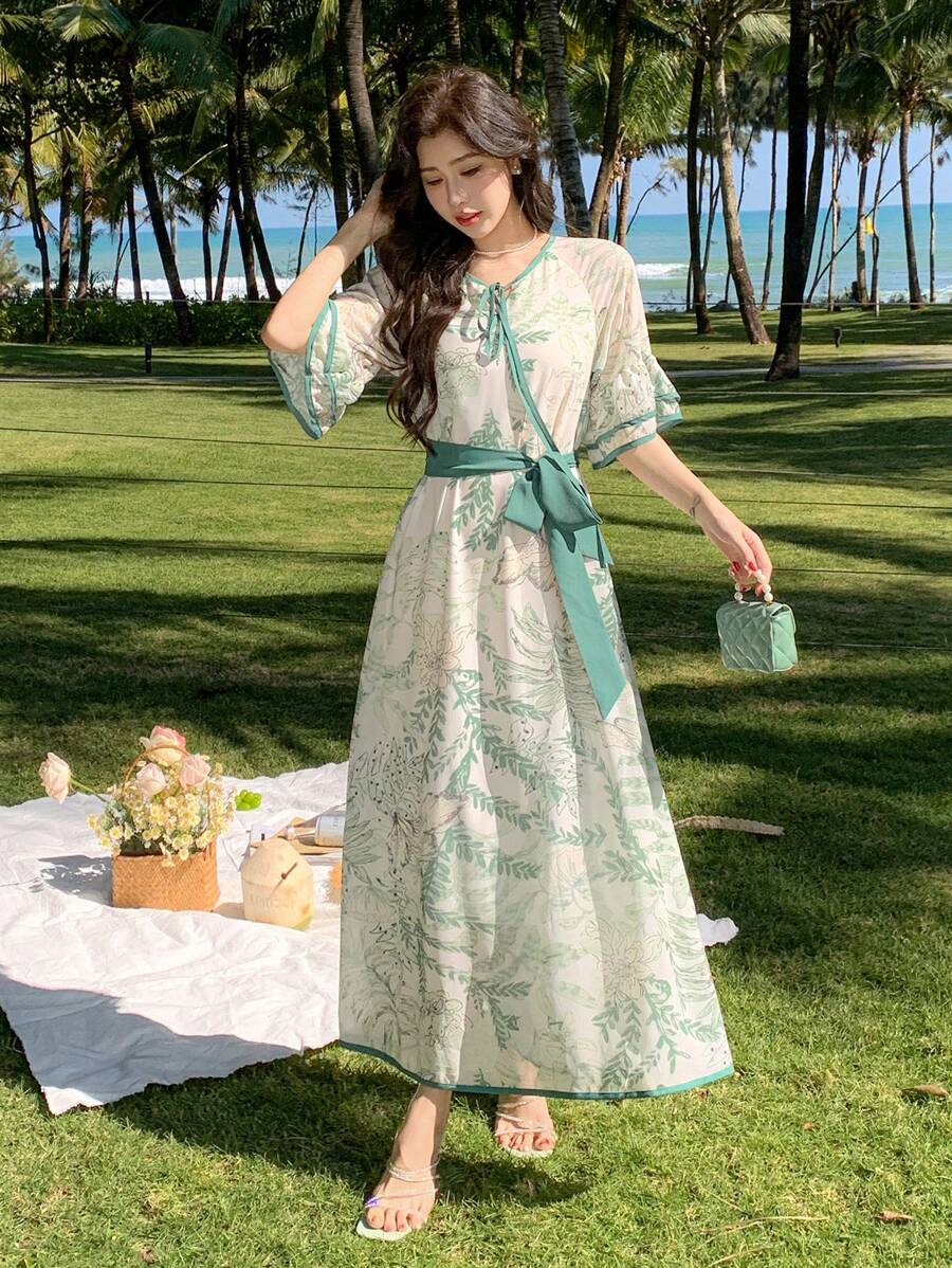 DAZY 女士前系腰短袖印花休闲长连衣裙夏季连衣裙 - 綠色 - 查看 1