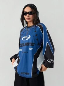 Coolane Women's Winter Going Out Racing Knit Graphics Blue Over Size Round Neck Long Sleeve T-Shirt