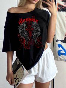 Attitoon 休闲简约翼与配英文文字落肩女式T恤，适合夏季