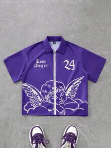 PAVTROS Manfinity Streetrush Men's Casual Angel Letter Print Short Sleeve Shirt Zipper Shirt Men Crop Shirts Men Street Wear Shirts Cropped Shirt Men Streetwear Shirts - Purple - View 3