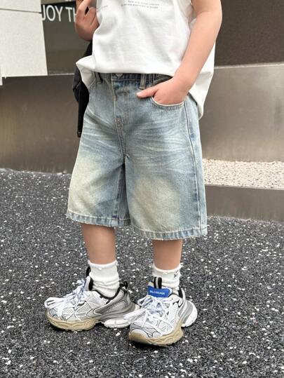 SHEIN Young Boy Summer Retro Vintage Washed Cat Whiskers Loose Fit Blue Denim Bermuda Shorts,Boys Spring/Summer Clothes Streetwear Outfits And Spring Break Outfit
