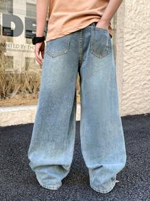 SHEIN Tween Boy Fashion Casual Vintage Blue Denim Simple Base Loose Comfortable Wide Leg Kids Jeans For Boy Soft Dailywear And Kids Summer Clothes - Blue - View 2