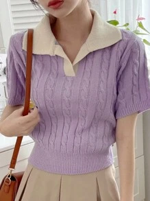 DAZY 女士拼色扭纹针织短袖修身短款上衣，紫色，春夏 - 紫色 - 查看 6
