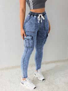 SHEIN Tall 女士牛仔裤 紧身弹力工装口袋牛仔裤 黑色牛仔裤 牛仔裤 冬季牛仔裤 牛仔连身裤 牛仔连身裤 女士慢跑裤 紧身裤 女士牛仔裤 黑色牛仔裤 运动服 - 中等水洗藍 - 查看 7