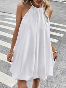 SHEIN Essnce Women's Casual Solid Color Halter Neck White Mini Dress - White - View 3