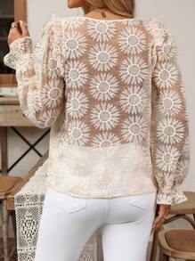 SHEIN Clasi Chemise femme à manches longues en dentelle fleur tridimensionnelle et feuille de lotus, de couleur abricot, élégante pour l'hiver