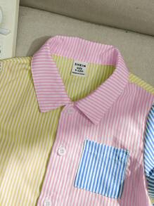 SHEIN 2pcs/Set Baby Boy Contrast Color Striped Decor Pocket Front Collar Short Sleeve Shirt & Shorts Set - Blue - View 4