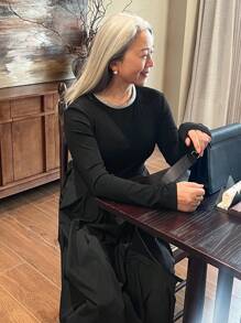 DAZY Vestido de punto de manga larga con patchwork, vestido ajustado de diseño para mujer, vestido de otoño