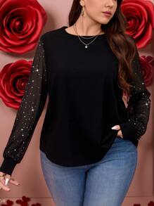 SHEIN LUNE Blusa de manga larga, cuello redondo, corte holgado y puños, para uso casual y ocasional, en talla grande para mujer, color negro, para el Día de San Valentín, otoño, invierno y Año Nuevo - Negro - Ver 6