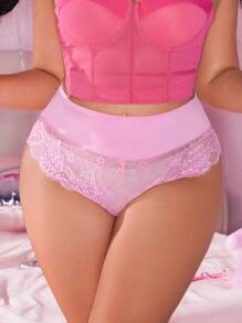 1pc Plus Size Solid Color Contrast Lace Slim Fit Casual Briefs Lingerie - Pink - View 5