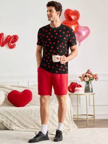 Manfinity VCAY Camiseta casual de cuello polo de manga corta ajustada para hombre Manfinity Modomio, adecuada para uso diario y parejas, regalo de San Valentín, pijamas de San Valentín, conjuntos a juego de parejas, ropa de San Valentín