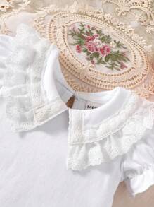 SHEIN Baby Mädchen Frühling & Sommer Lässig Spitze verziertes Rundhals einfarbiges T-Shirt