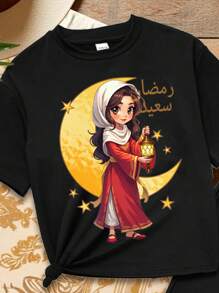 SHEIN 2 件套斋月朴素公主月亮和星星图案少女休闲圆领短袖 T 恤和喇叭裤套装，适合春夏季 - 黑色 - 查看 4