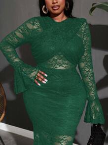 Slaydiva Women Solid Color Lace Elegant See-Through Dress - Green - View 3