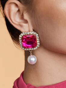 SHEIN BAE 爪链方形合金方晶锆石和人造珍珠吊坠耳环 适合情人节、妈妈、母亲、母亲节、礼物 - 玫紅色 - 查看 2