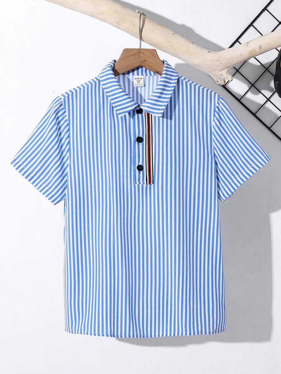 SHEIN Tween Boys' Casual School Ribbon Trim Polo Collar Half-Zip Short Sleeve Shirt, Suitable For Commuting, School, Daily Casual Wear, Sports, Spring & Summer