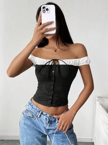 Black & White Contrast Off Shoulder Elastic Fitted Bowknot Tie-Up Crop Top, For Spring & Summer - Black and White - View 4