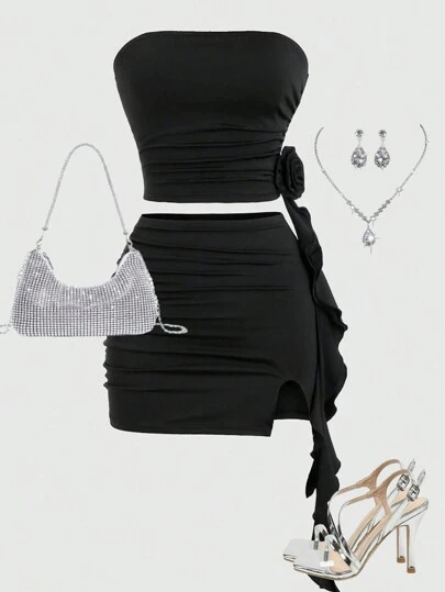 Girlism Set de 2 piezas para adolescentes: Top de punto negro entallado con decoración floral 3D y corbata, minifalda - Conjunto para vacaciones en el día de San Valentín