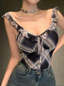 DAZY 女式格子系带修身短款性感网眼夏季背心，荷叶边 - 彩色 - 查看 6