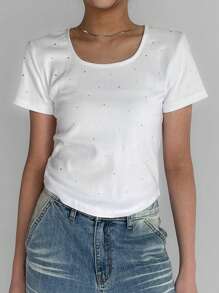DAZY 1pc Women Rhinestone Decor Round Neck Fitted Short Sleeve White T-Shirt, Spring/Summer