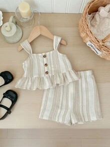 SHEIN LMoss Kids LMoss 女婴可爱条纹背心和短裤套装，夏季假期 - 杏色 - 查看 1