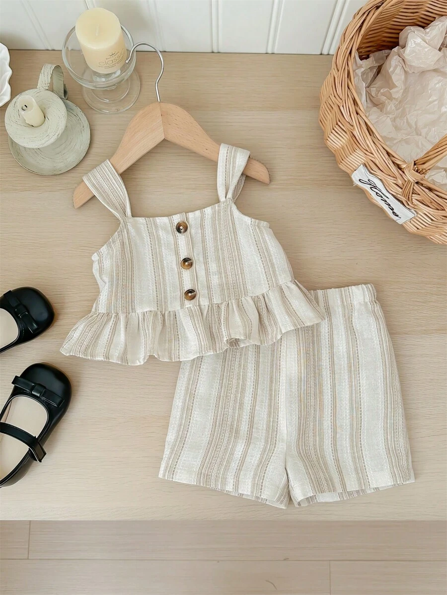 SHEIN LMoss Kids LMoss 女婴可爱条纹背心和短裤套装，夏季假期 - 杏色 - 查看 1