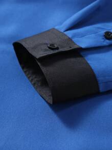 Manfinity Mode Áo thun nam tay dài cài nút phía trước, túi vải trơn màu, mặc hàng ngày, cho mùa thu - Xanh đậm - Xem 6