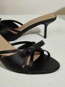 SHUZIA 女士一脚蹬蝴蝶结装饰小猫跟日常可爱休闲漆皮黑色高跟鞋