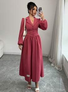 Modelyn Vestido casual de manga larga con botones delanteros de un solo color y pliegues sencillos para mujer - Rosa coral - Ver 3
