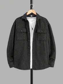 RueChic Men Stripe Printed Soft Fabric Flap Pocket Regular Jacket - Black - View 2
