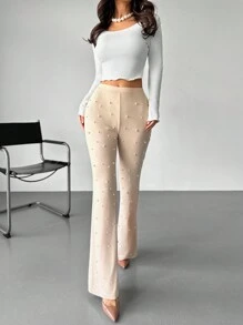 Valentine's Day Elegant & Delicate Romantic Heavily Beaded Elastic Waist Mesh Straight Leg Slim Fit Trousers, Suitable For Dates, Parties, Music Festivals - Apricot - View 3