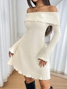 SHEIN Unity 女士优雅纯色露肩 3D 花朵连衣裙 - 杏色 - 查看 1