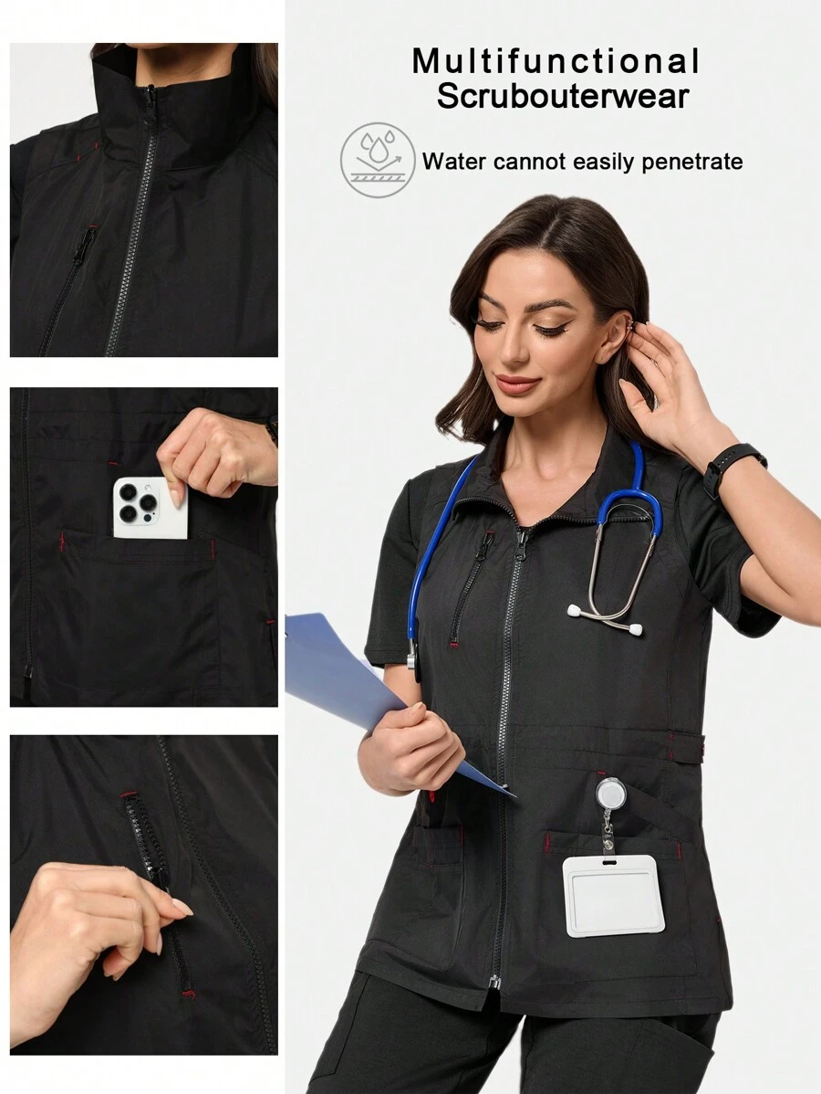 TaskEZ Gilet de uniformes de travail pour femmes avec poches multiples et design de ceinture à la taille