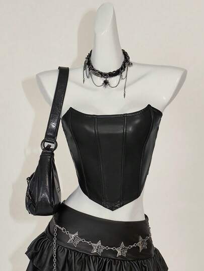 SHEIN ICON Top bandeau de unicolor de piel de poliuretano estilo Y2K para fiesta de vacaciones de Año Nuevo en color borgoña, para uso diario casual