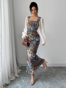 Modelyn Women's Multi-Color Patchwork Print Chiffon Square Neck Waistline Bodycon Long Sleeve A-Line Dress, Elegant
