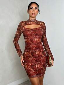 SHEIN PETITE Women's Printed Short Chest Hollowed Out Party Dress Fall Cloth For Women - Multicolor - View 1