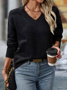 Selenza 1pc Women Fall/Winter Solid Color Drop Shoulder Long Sleeve Loose V-Neck Casual Sweater Knit Pullover - Black - View 6